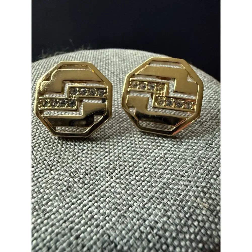 Vintage Avon Gold Tone Geometric Rhinestone Earring Pierced Minimalist Modernist